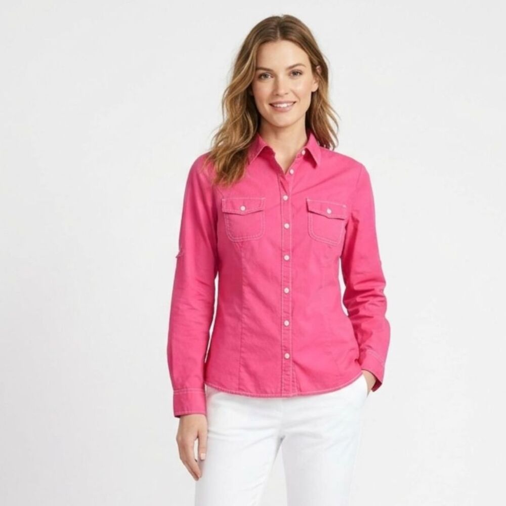 Tommy Hilfiger Hot Pink Roll-Tab Sleeve Utility Shirt - Size L
